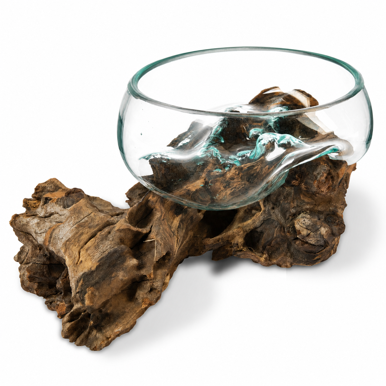 Medium Handblown Recycled Glass Bowl | Root Wood Base | Kachayu