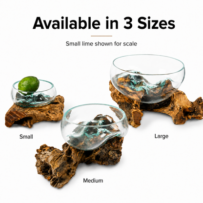 Medium Handblown Recycled Glass Bowl | Root Wood Base | Kachayu