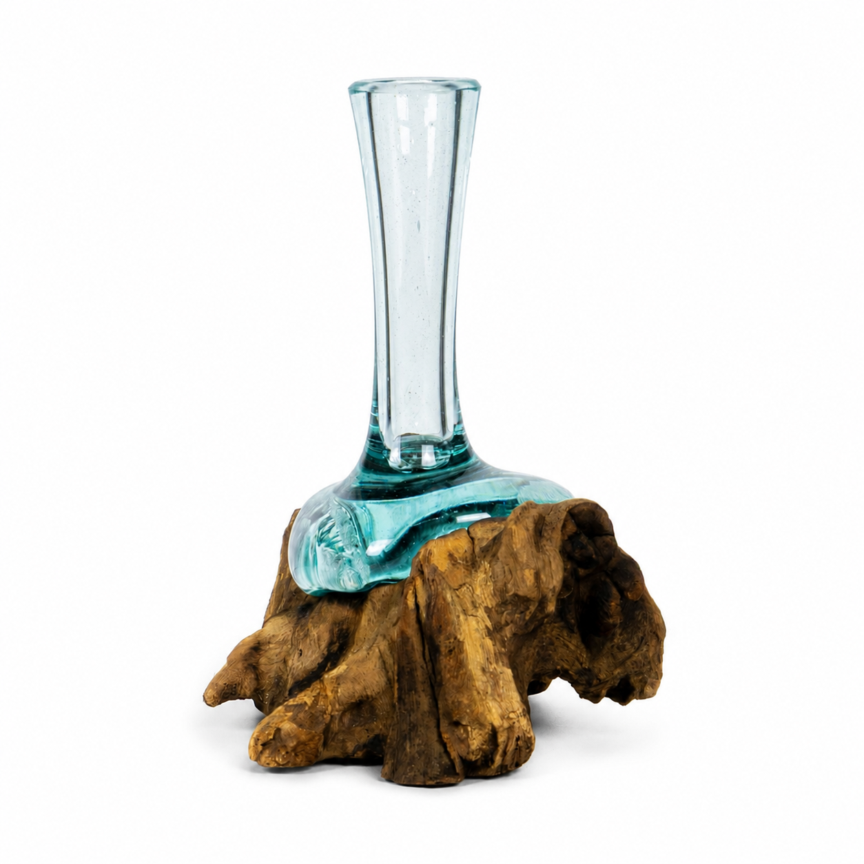 Small Handblown Recycled Glass Bud Vase on Natural Root Wood Base Kachayu