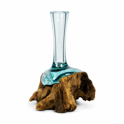 Small Handblown Recycled Glass Bud Vase on Natural Root Wood Base Kachayu