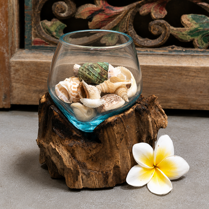 Mini Round Handblown Recycled Glass Terrarium/Vase/Bowl | Root Wood Base | Kachayu