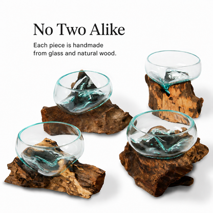 Small Handblown Recycled Glass Bowl | Root Wood Base | Kachayu