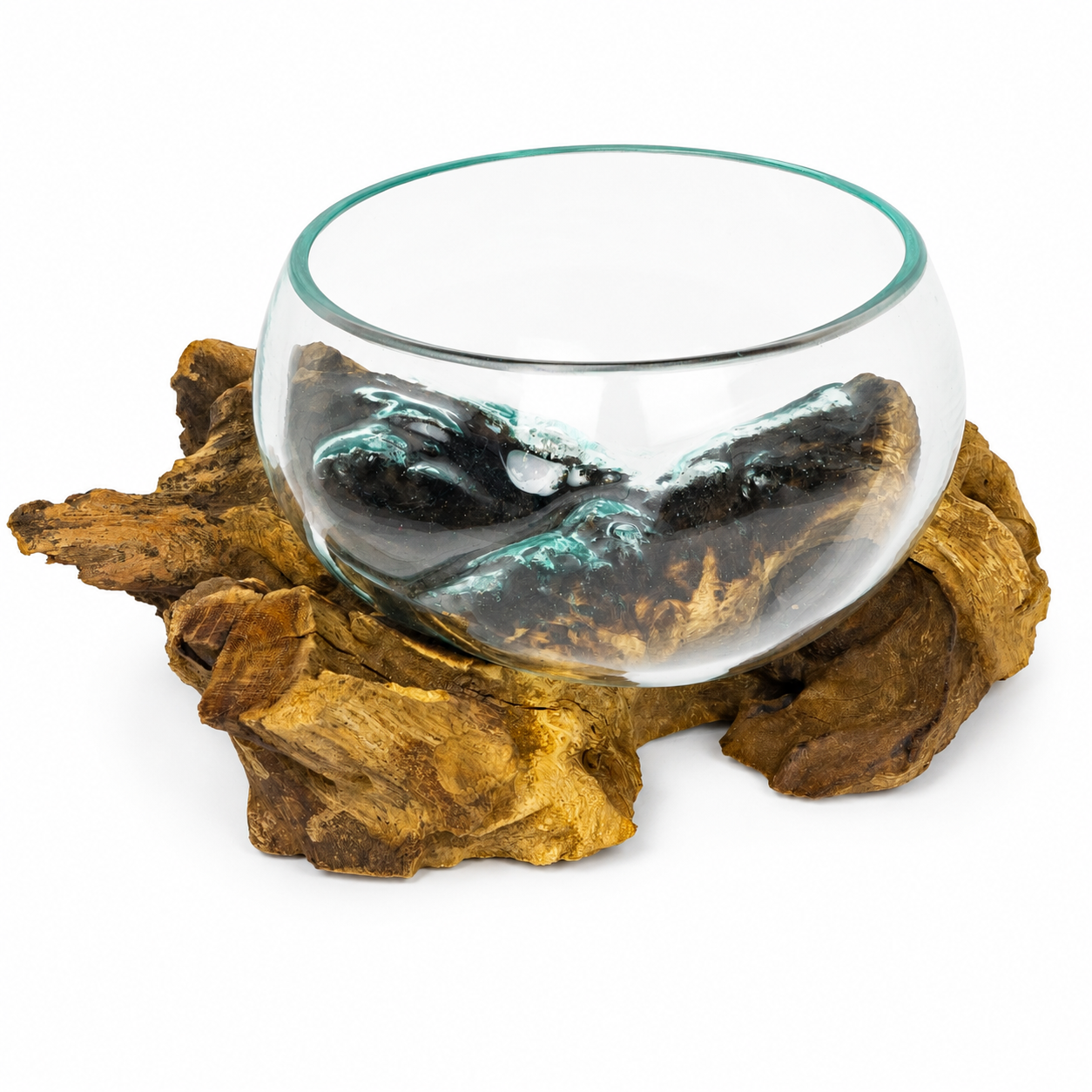 Medium Handblown Recycled Glass Bowl | Root Wood Base | Kachayu