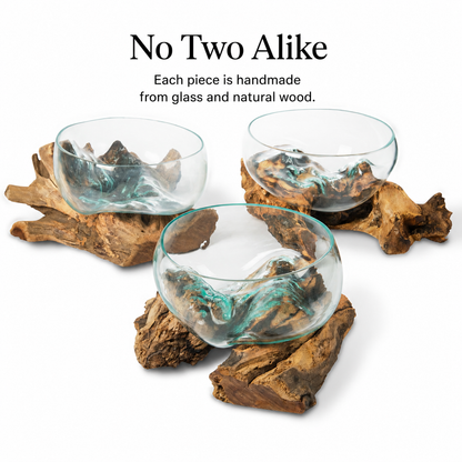 Large Handblown Recycled Glass Bowl | Root Wood Base | Kachayu