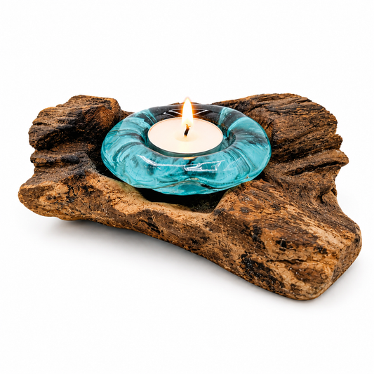 Recycled Glass Tea Light Candle Holder  Natural Root Wood Base / Kachayu