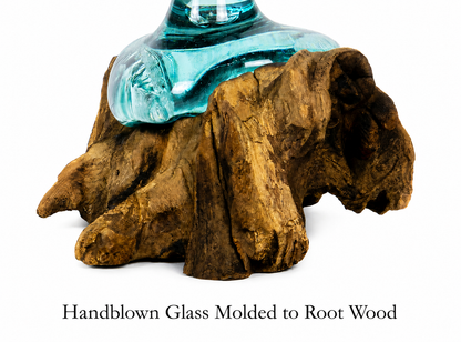 Small Handblown Recycled Glass Bud Vase on Natural Root Wood Base Kachayu
