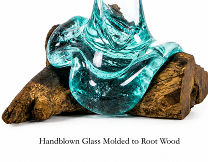 Large  Handblown Recycled Glass Bud Vase on Natural Root Wood Base Kachayu