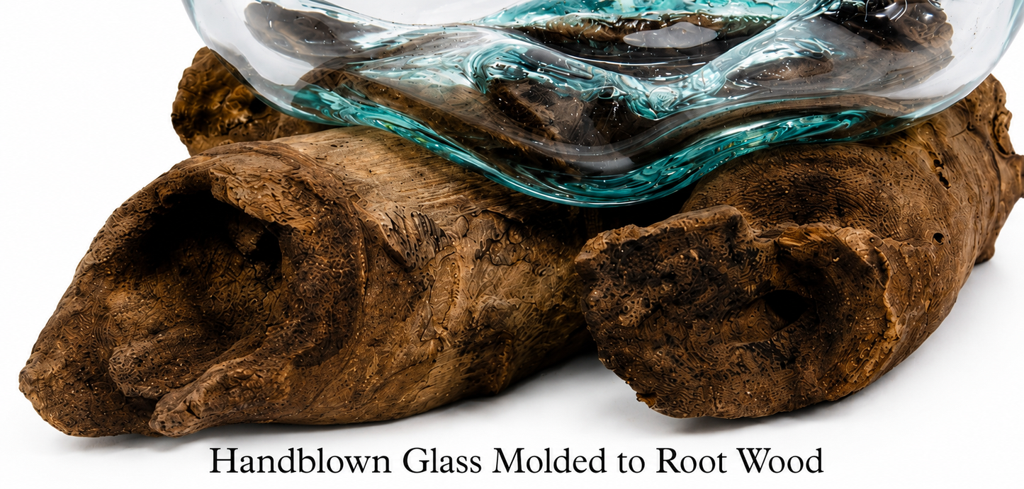Medium Handblown Recycled Glass Bowl | Root Wood Base | Kachayu
