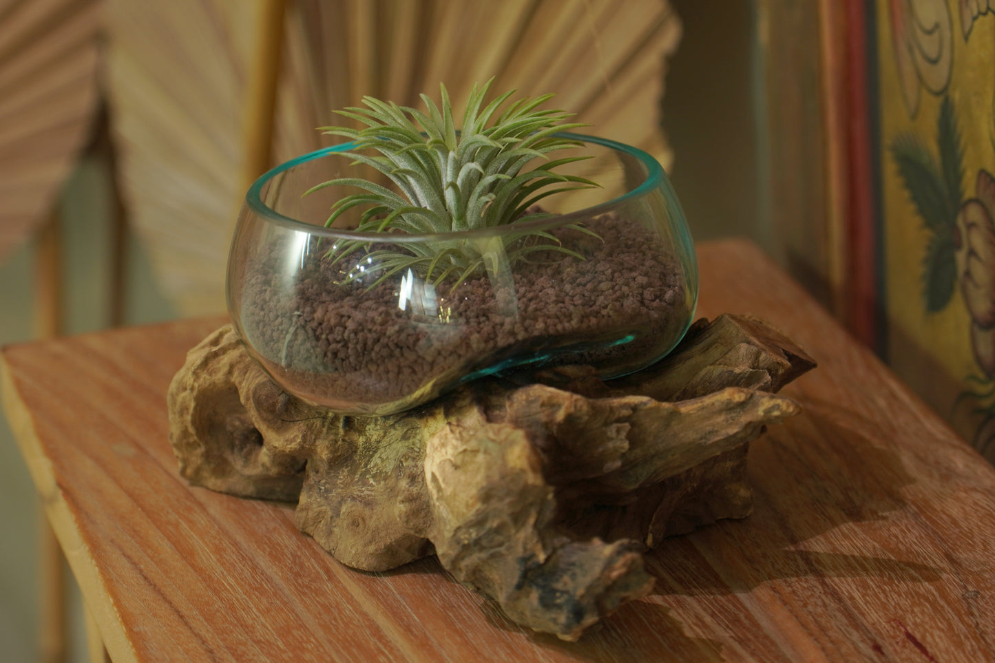 Medium Handblown Recycled Glass Bowl | Root Wood Base | Kachayu