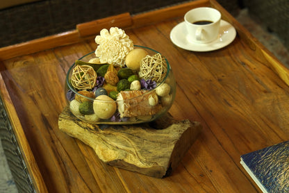 Large Handblown Recycled Glass Bowl | Root Wood Base | Kachayu