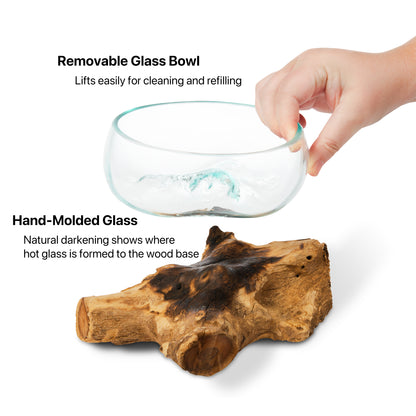 Medium Handblown Recycled Glass Bowl | Root Wood Base | Kachayu