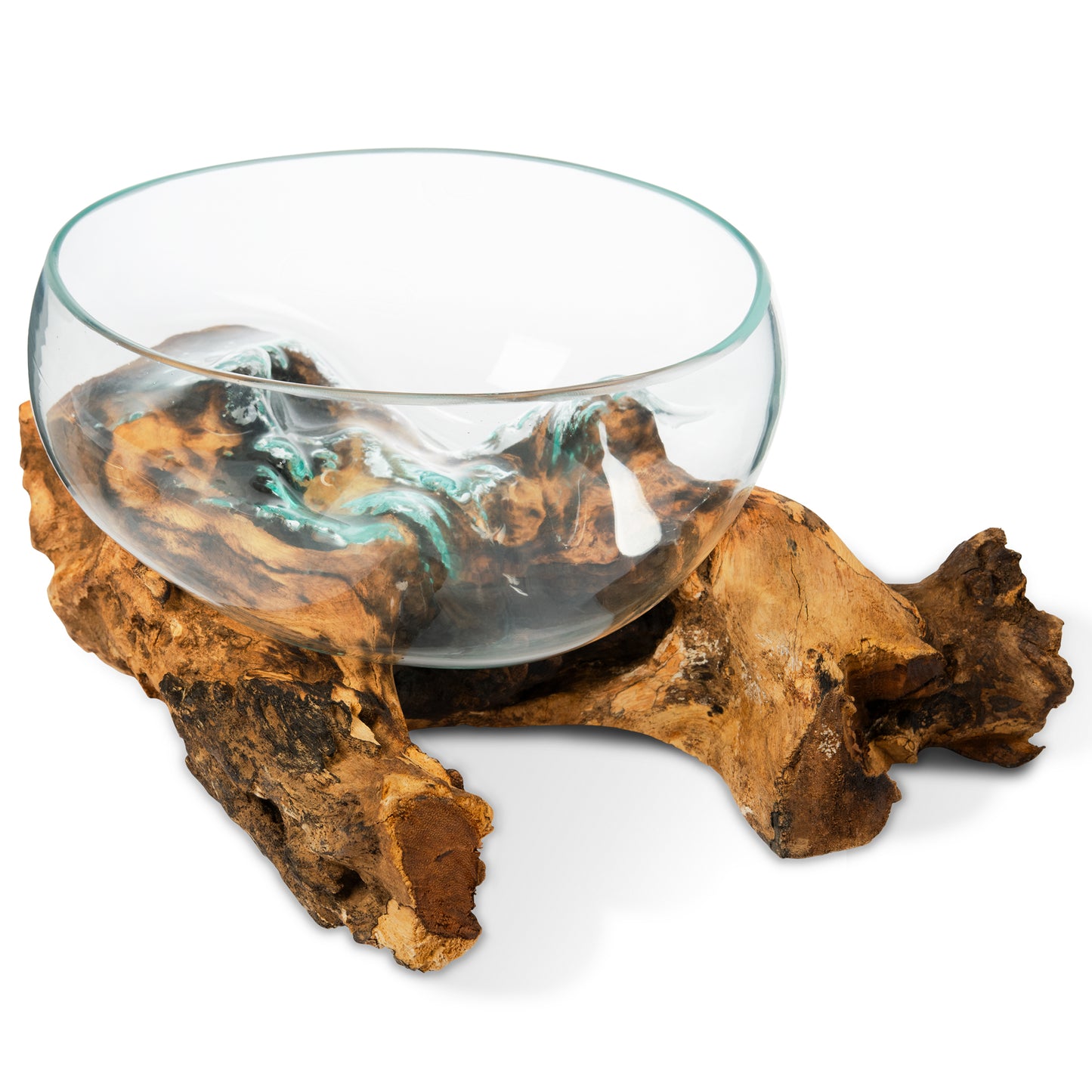 Large Handblown Recycled Glass Bowl | Root Wood Base | Kachayu