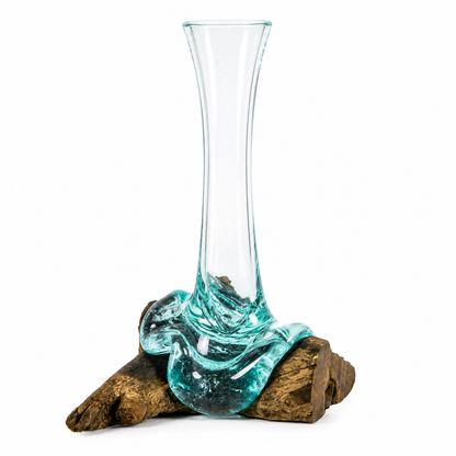 Large  Handblown Recycled Glass Bud Vase on Natural Root Wood Base Kachayu