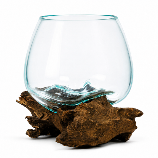 Medium Round Handblown Recycled Glass Terrarium/Vase/Bowl | Root Wood Base | Kachayu
