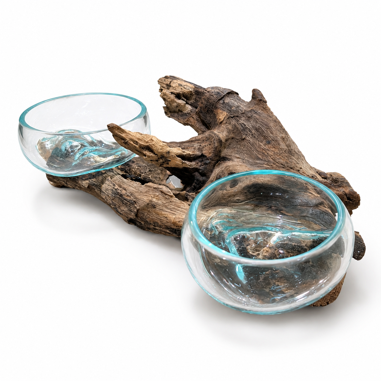 Double Handblown Recycled Glass Bowl | Root Wood Base | Kachayu