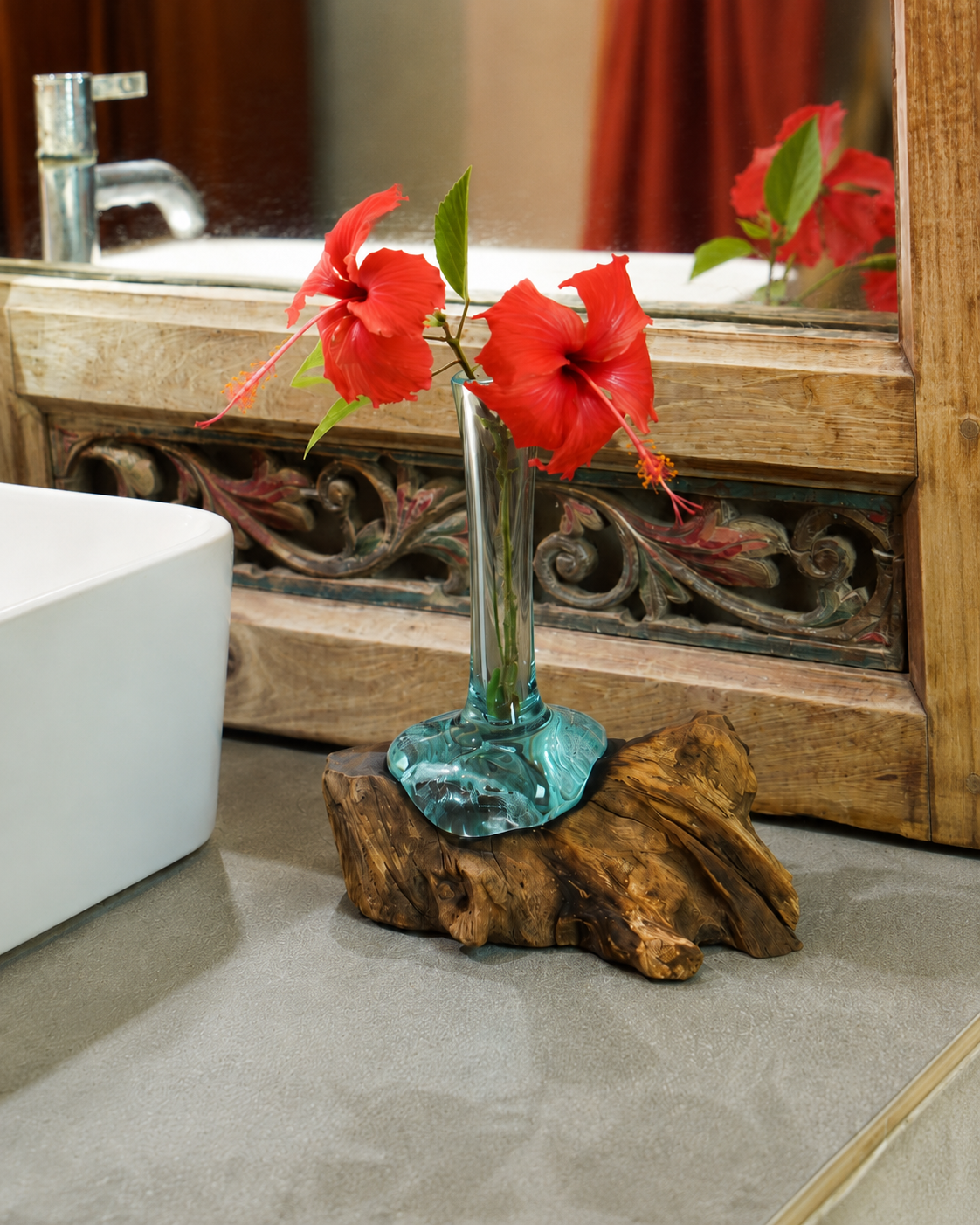 Small Handblown Recycled Glass Bud Vase on Natural Root Wood Base Kachayu