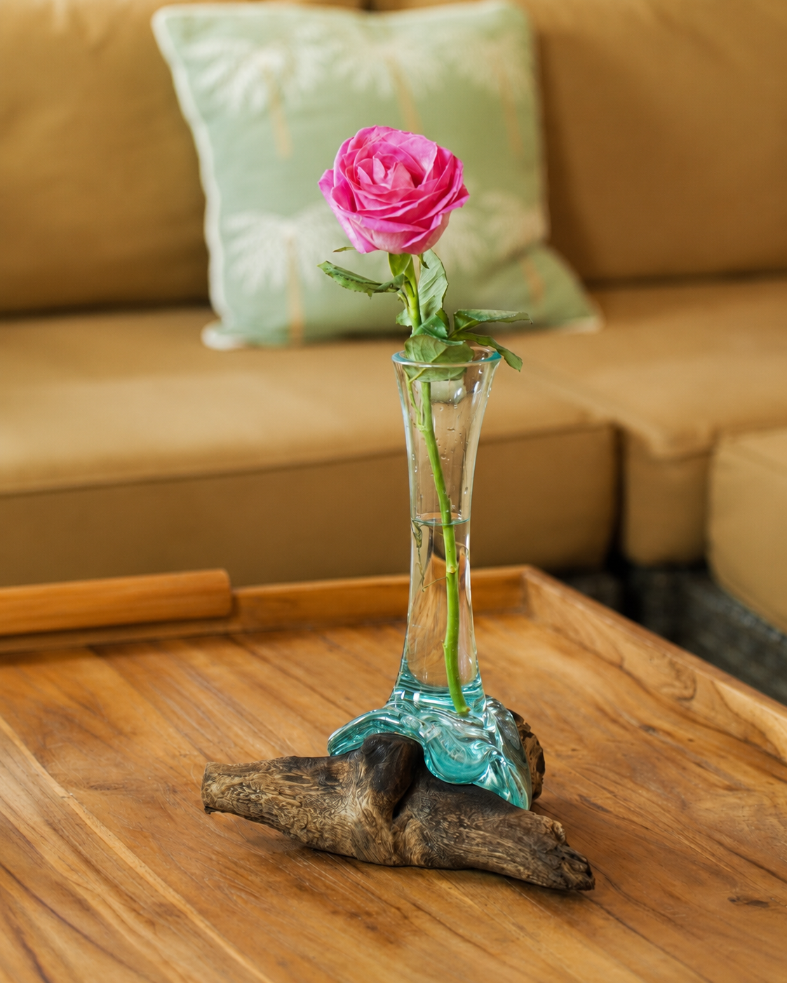 Large  Handblown Recycled Glass Bud Vase on Natural Root Wood Base Kachayu
