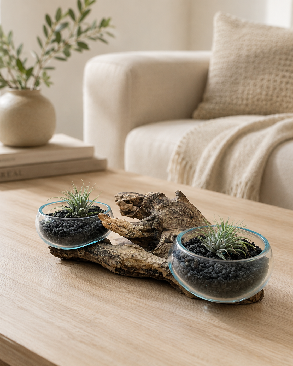 Double Handblown Recycled Glass Bowl | Root Wood Base | Kachayu