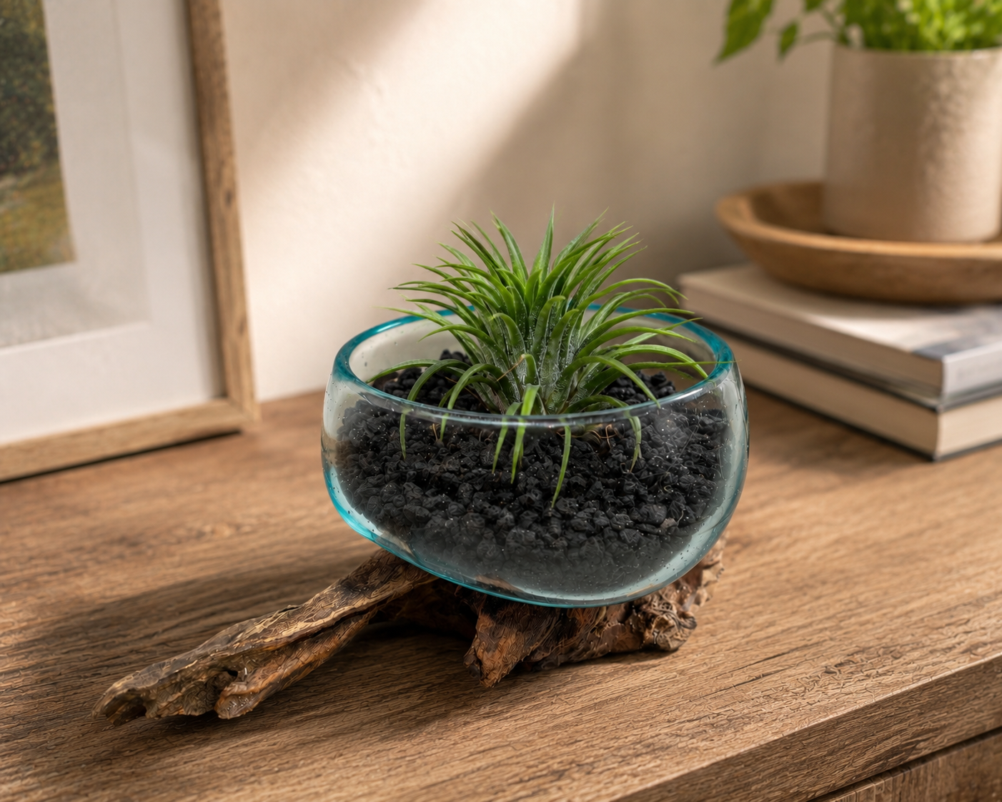 Small Handblown Recycled Glass Bowl | Root Wood Base | Kachayu