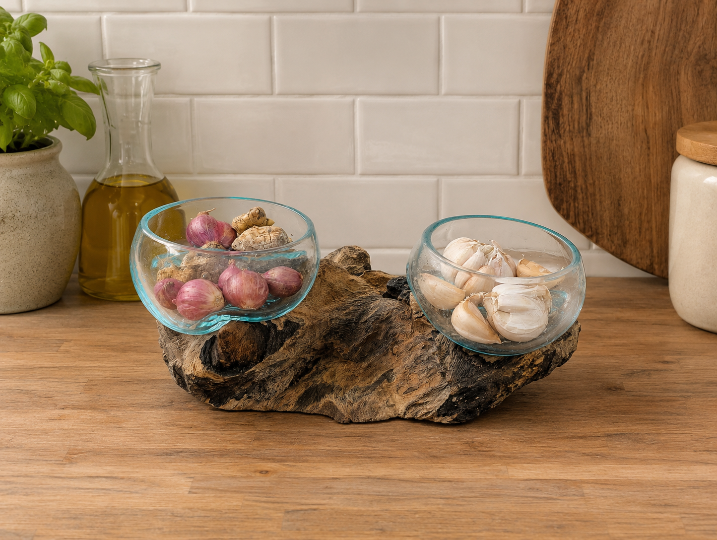 Double Handblown Recycled Glass Bowl | Root Wood Base | Kachayu