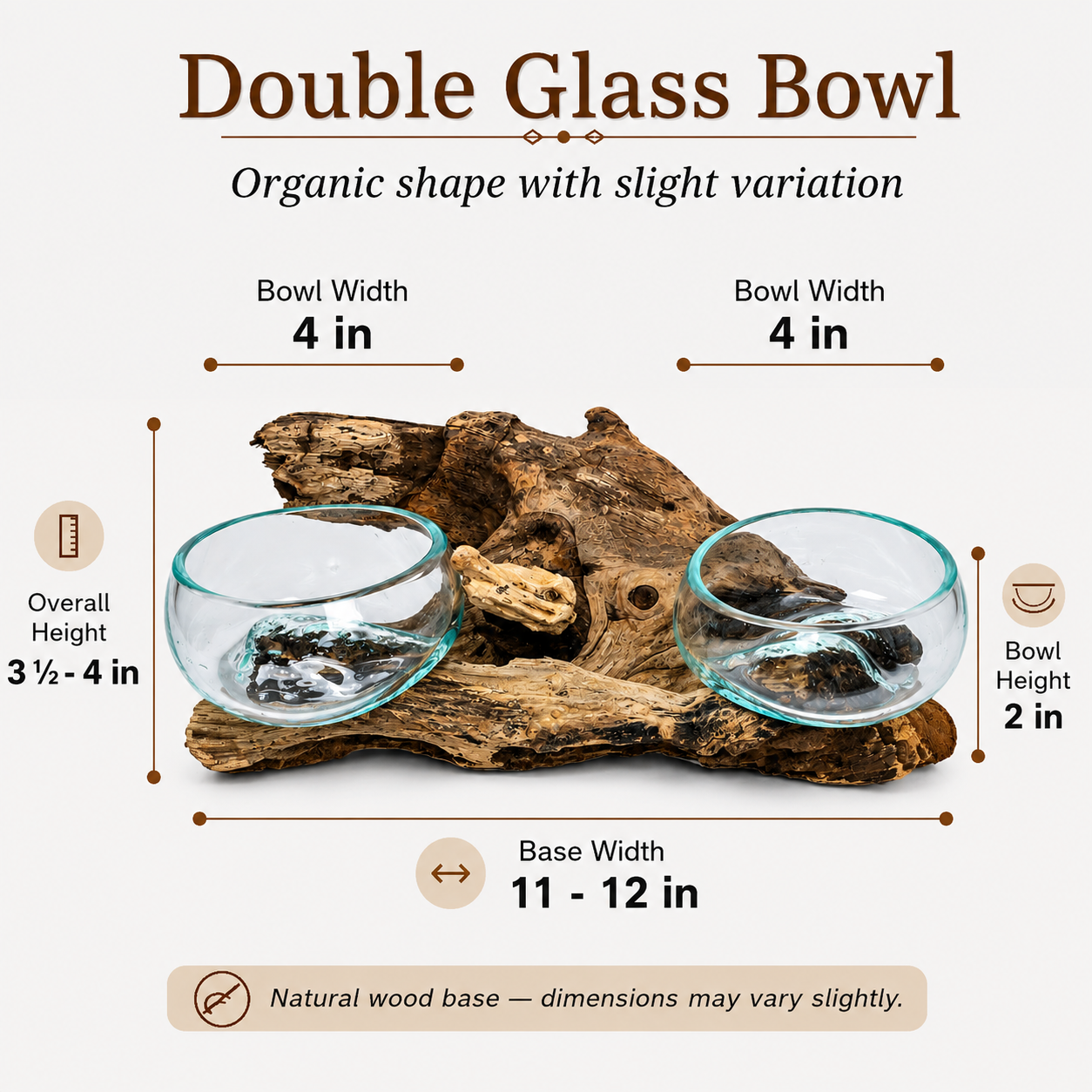 Double Handblown Recycled Glass Bowl | Root Wood Base | Kachayu
