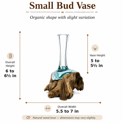 Small Handblown Recycled Glass Bud Vase on Natural Root Wood Base Kachayu