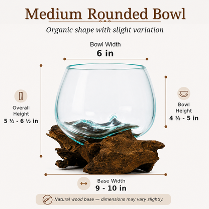 Medium Round Handblown Recycled Glass Terrarium/Vase/Bowl | Root Wood Base | Kachayu