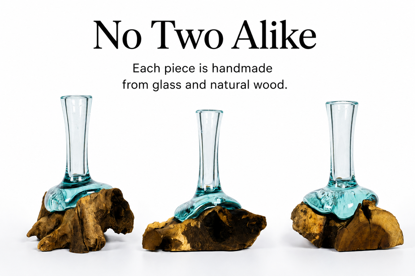 Small Handblown Recycled Glass Bud Vase on Natural Root Wood Base Kachayu