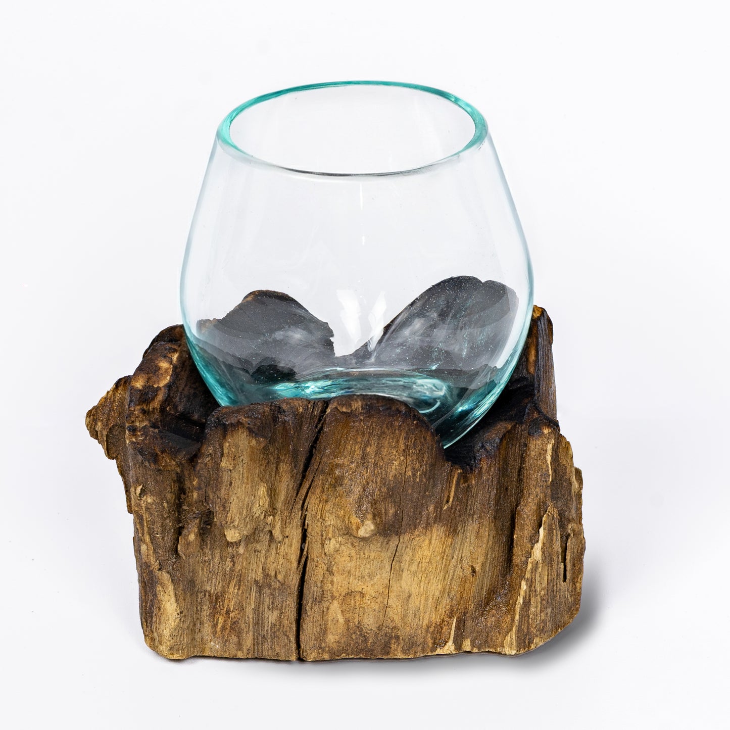 Mini Round Handblown Recycled Glass Terrarium/Vase/Bowl | Root Wood Base | Kachayu