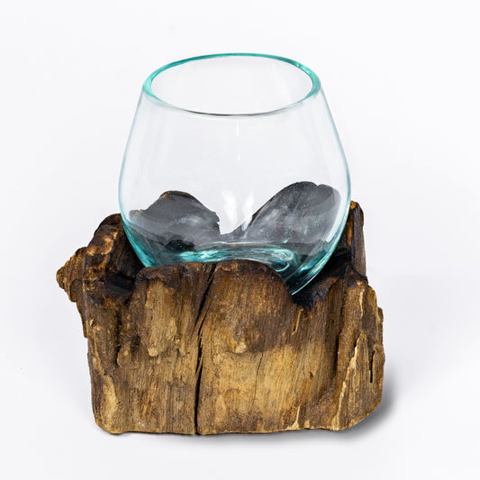 Mini Round Handblown Recycled Glass Terrarium/Vase/Bowl | Root Wood Base | Kachayu