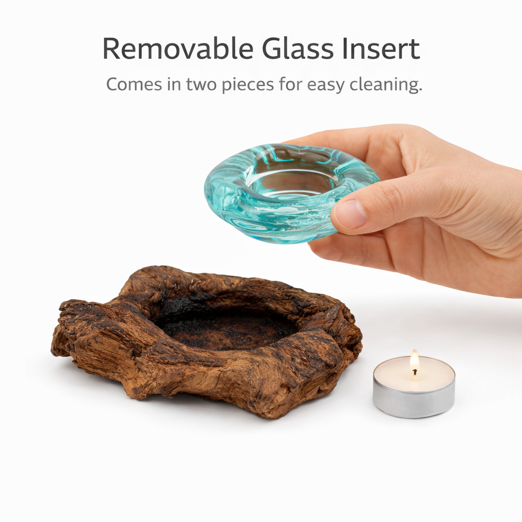 Recycled Glass Tea Light Candle Holder  Natural Root Wood Base / Kachayu