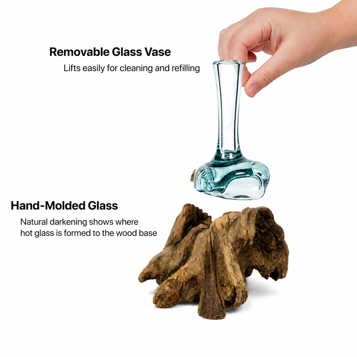 Large  Handblown Recycled Glass Bud Vase on Natural Root Wood Base Kachayu