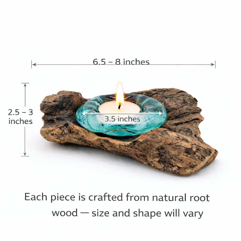 Recycled Glass Tea Light Candle Holder  Natural Root Wood Base / Kachayu