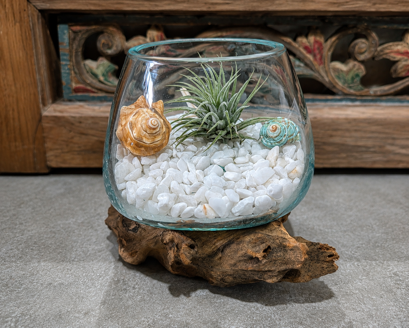 Small Round Handblown Recycled Glass Terrarium/Vase/Bowl | Root Wood Base | Kachayu