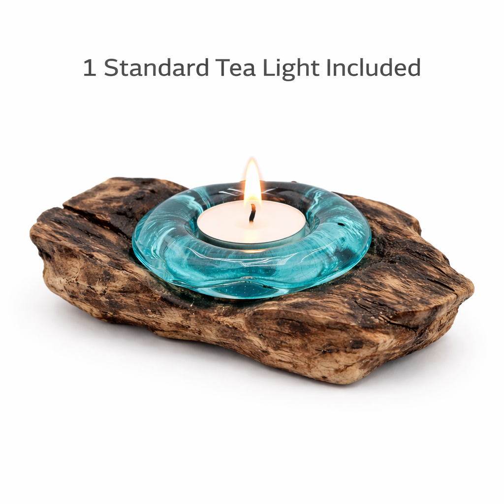 Recycled Glass Tea Light Candle Holder  Natural Root Wood Base / Kachayu