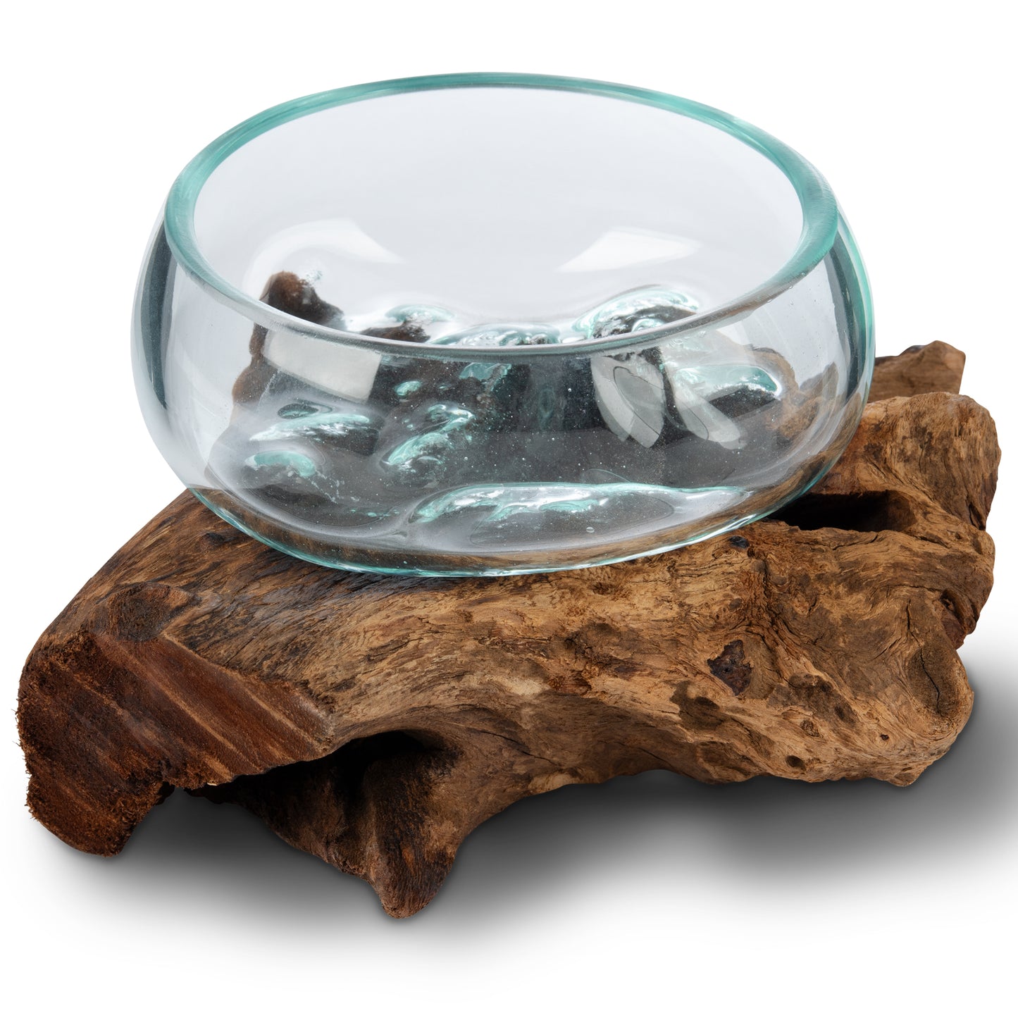Small Handblown Recycled Glass Bowl | Root Wood Base | Kachayu