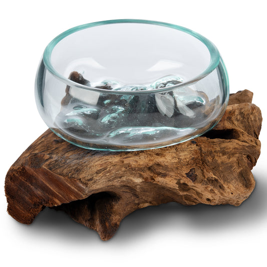 Small Handblown Recycled Glass Bowl | Root Wood Base | Kachayu