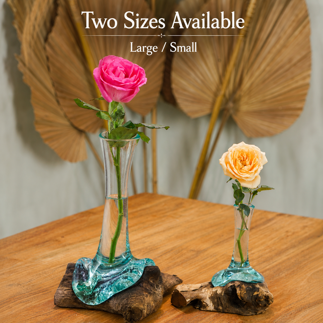 Large  Handblown Recycled Glass Bud Vase on Natural Root Wood Base Kachayu