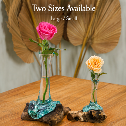 Large  Handblown Recycled Glass Bud Vase on Natural Root Wood Base Kachayu