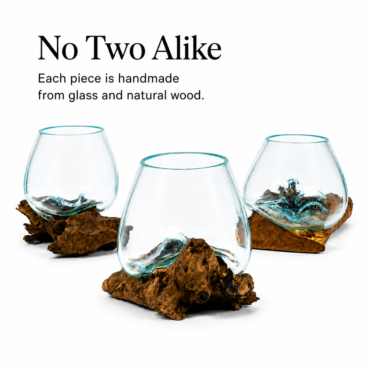 Medium Round Handblown Recycled Glass Terrarium/Vase/Bowl | Root Wood Base | Kachayu