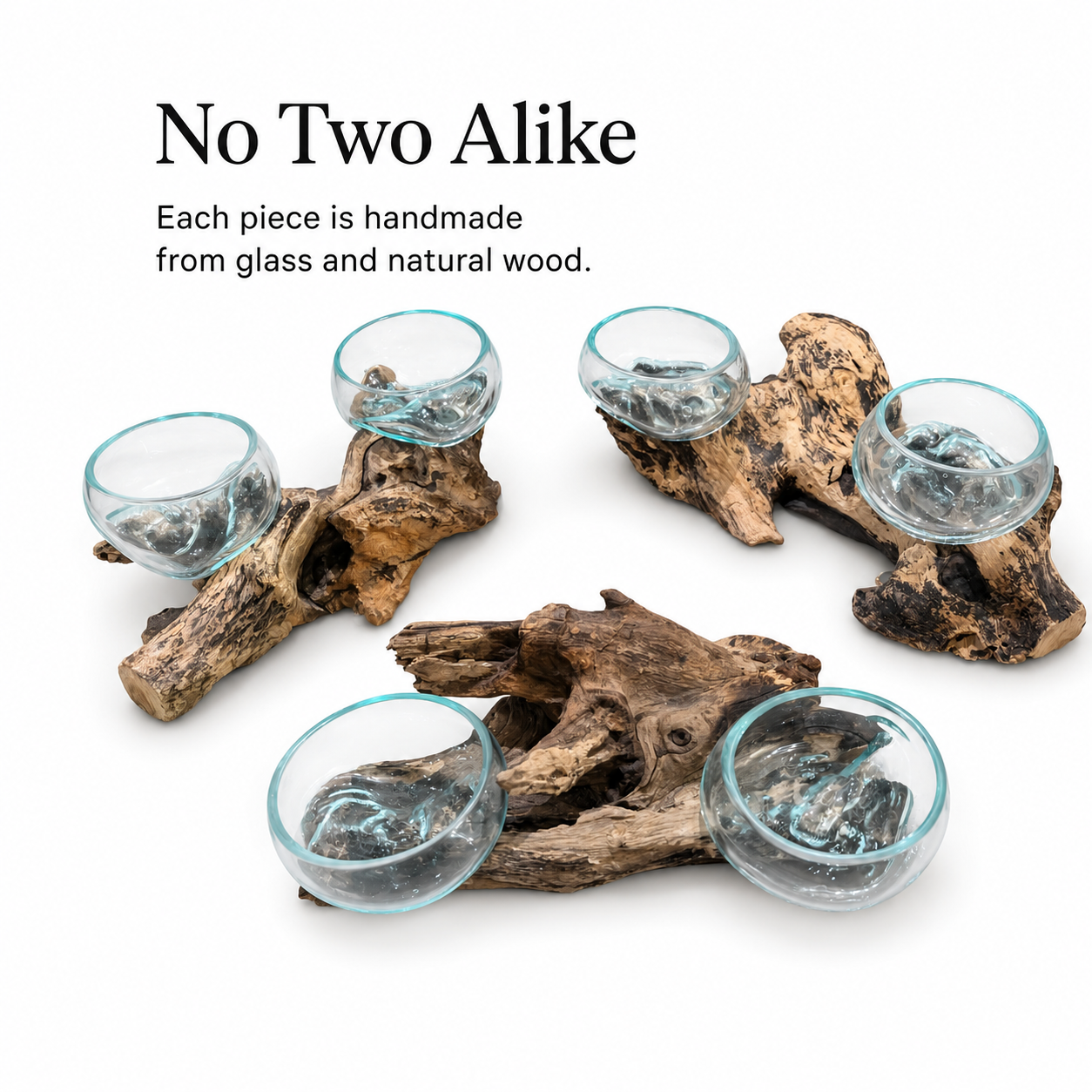 Double Handblown Recycled Glass Bowl | Root Wood Base | Kachayu