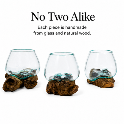 Small Round Handblown Recycled Glass Terrarium/Vase/Bowl | Root Wood Base | Kachayu
