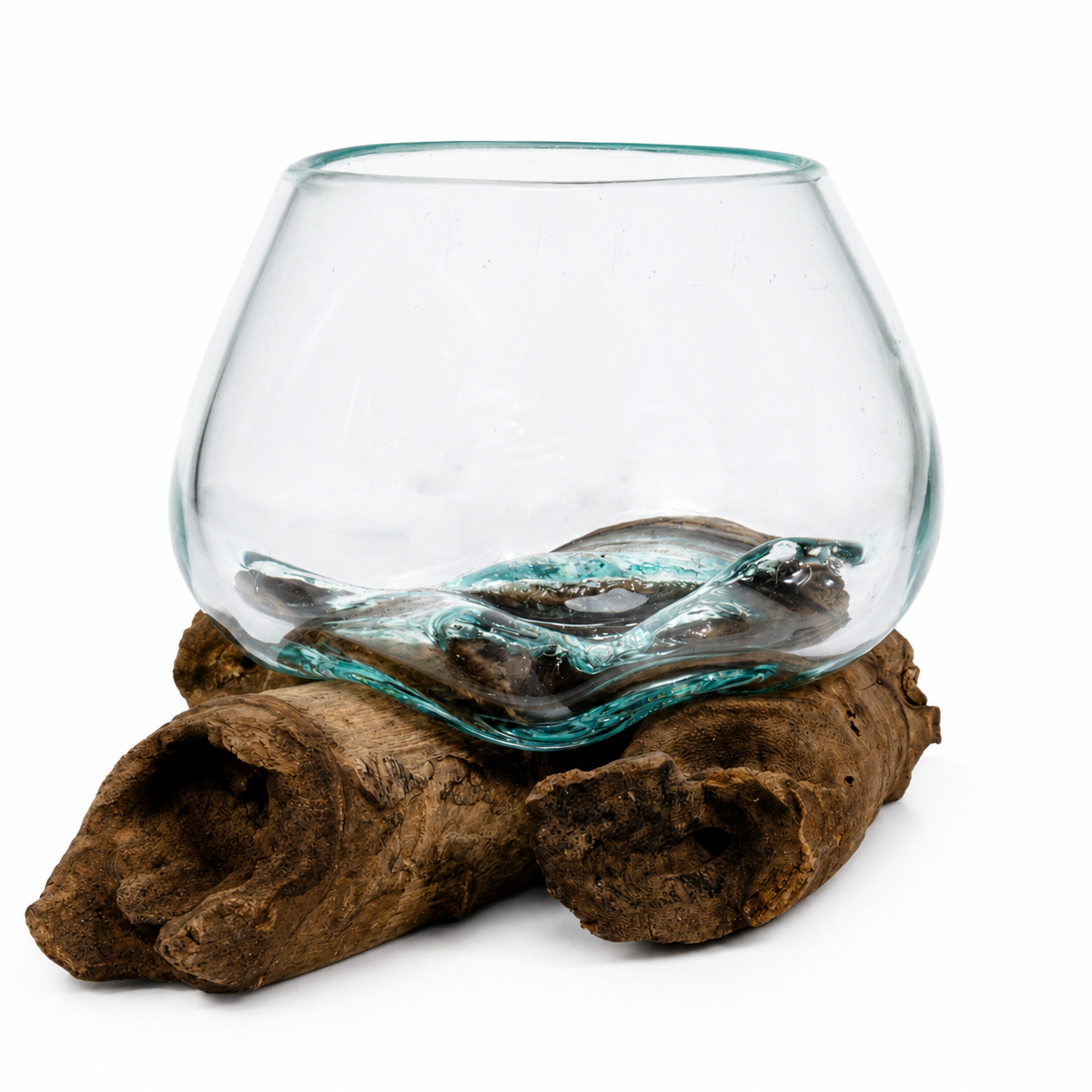 Small Round Handblown Recycled Glass Terrarium/Vase/Bowl | Root Wood Base | Kachayu