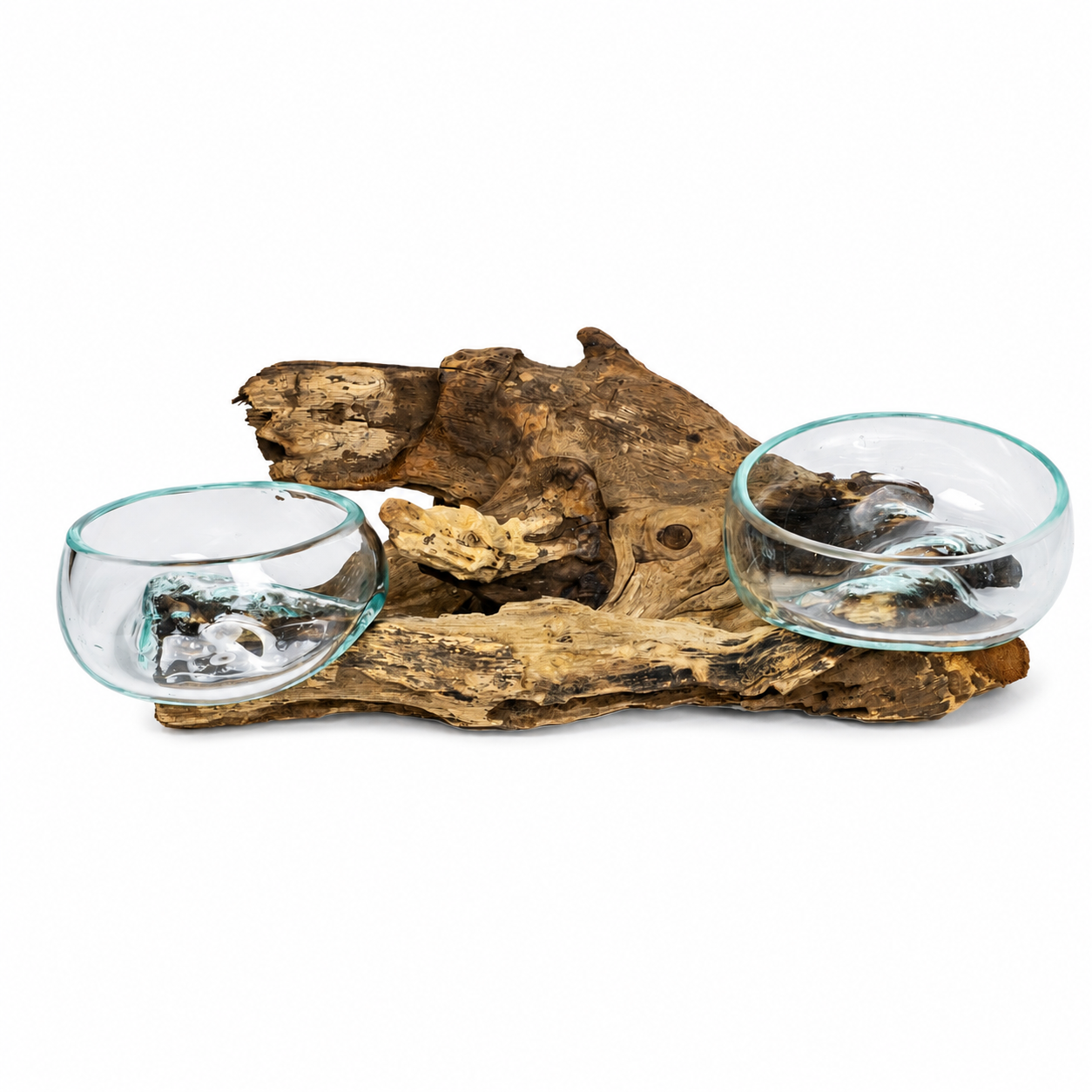 Double Handblown Recycled Glass Bowl | Root Wood Base | Kachayu