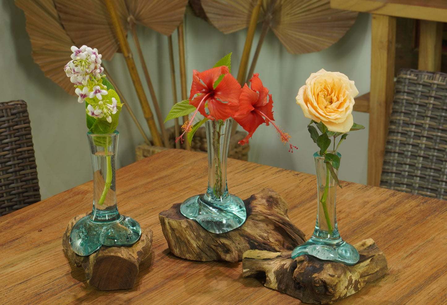 Small Handblown Recycled Glass Bud Vase on Natural Root Wood Base Kachayu