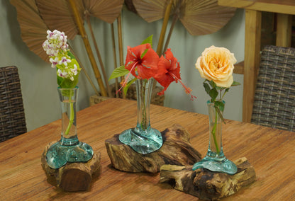 Small Handblown Recycled Glass Bud Vase on Natural Root Wood Base Kachayu