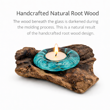 Recycled Glass Tea Light Candle Holder  Natural Root Wood Base / Kachayu