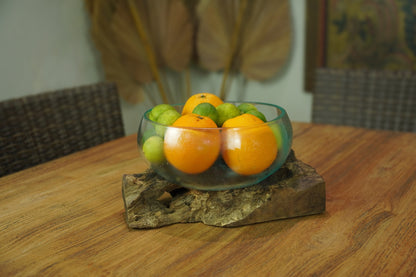 Large Handblown Recycled Glass Bowl | Root Wood Base | Kachayu
