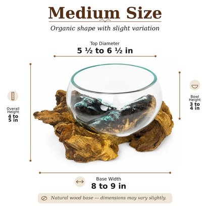 Medium Handblown Recycled Glass Bowl | Root Wood Base | Kachayu