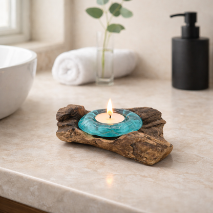 Recycled Glass Tea Light Candle Holder  Natural Root Wood Base / Kachayu